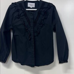 The Shirt by Rochelle Behrens, Ruffle, Crochet Lace, Black, Button Down, L/S, XS